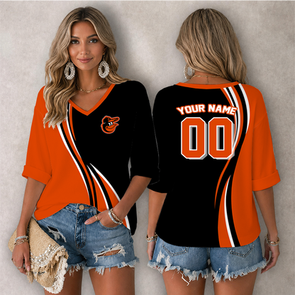 LIMITED EDITION - NEW CUSTOMIZED MLB25 BOS BALTIMORE ORIOLES WOMEN'S HEART V-NECK LONG SLEEVE SHIRT