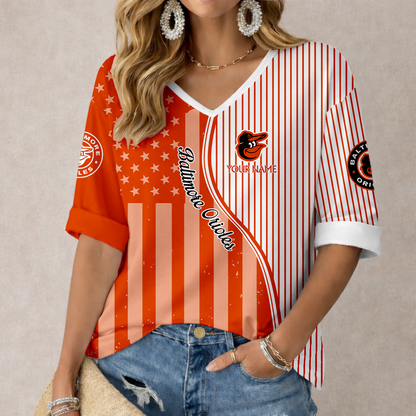ELITE EDITION - NEW CUSTOMIZED MLB25 BOS BALTIMORE ORIOLES WOMEN'S HEART V-NECK LONG SLEEVE SHIRT