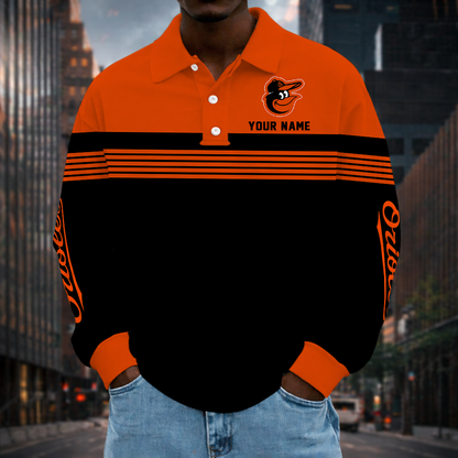 SPECIAL EDITION - NEW CUSTOMIZED MLB25 BOS BALTIMORE ORIOLES MEN'S LONG SLEEVE POLO