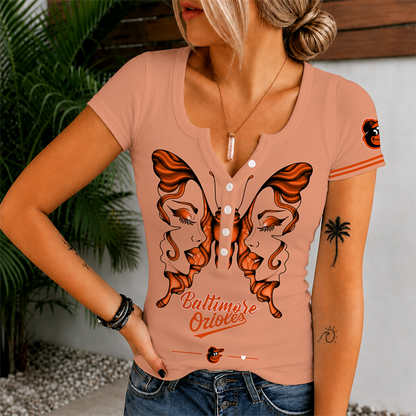 [FLASH SALE] NEW CUSTOMIZED MLB25 BOS BALTIMORE ORIOLES WOMEN'S SHORT SLEEVE HENLEY T-SHIRT
