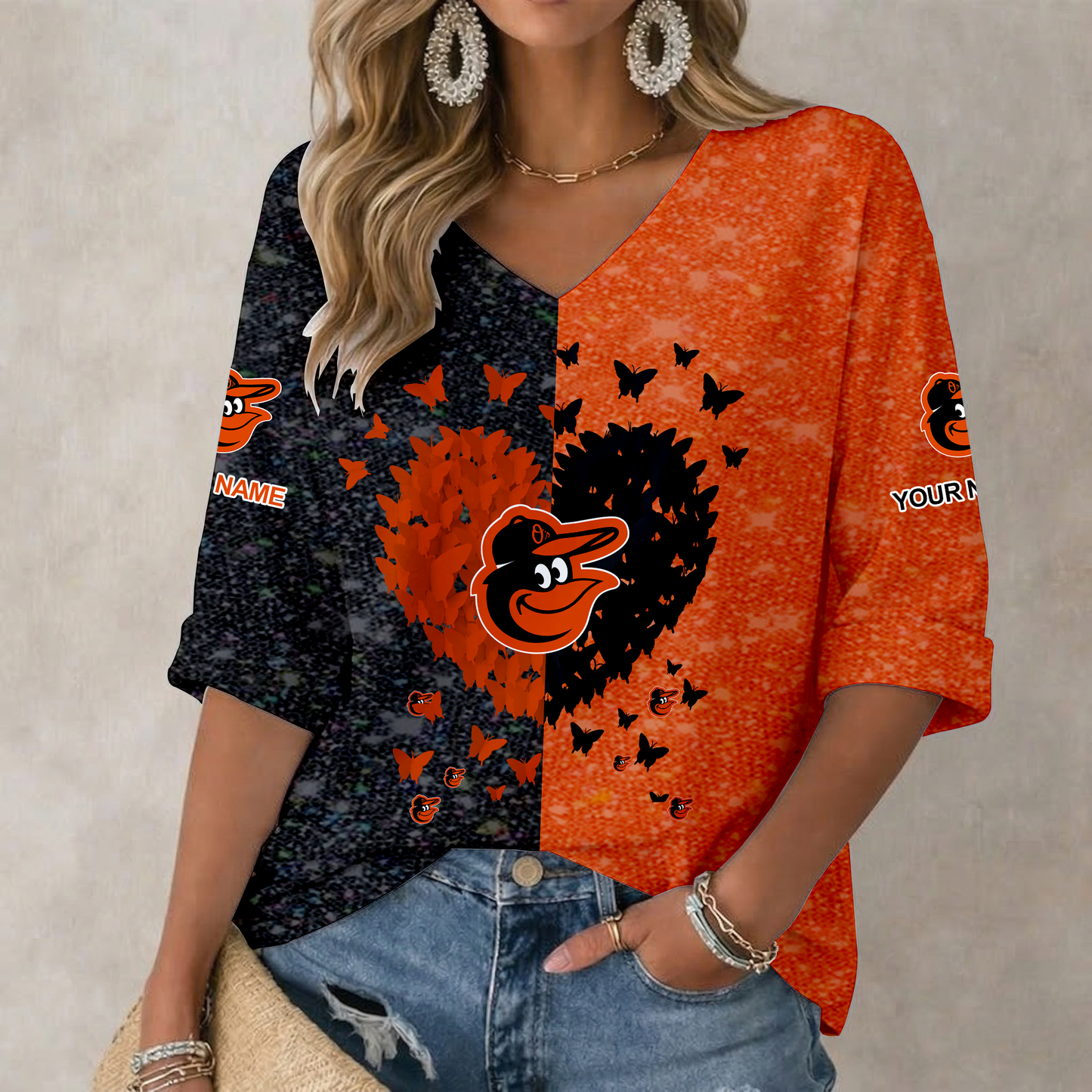 LIMITED EDITION - NEW CUSTOMIZED MLB25 BOS BALTIMORE ORIOLES WOMEN'S HEART V-NECK LONG SLEEVE SHIRT