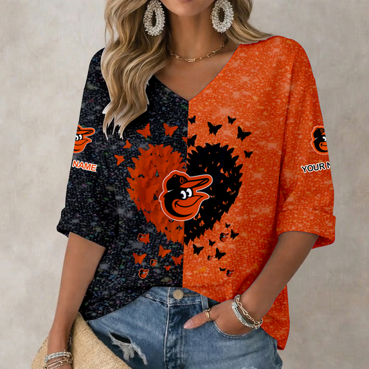 LIMITED EDITION - NEW CUSTOMIZED MLB25 BOS BALTIMORE ORIOLES WOMEN'S HEART V-NECK LONG SLEEVE SHIRT