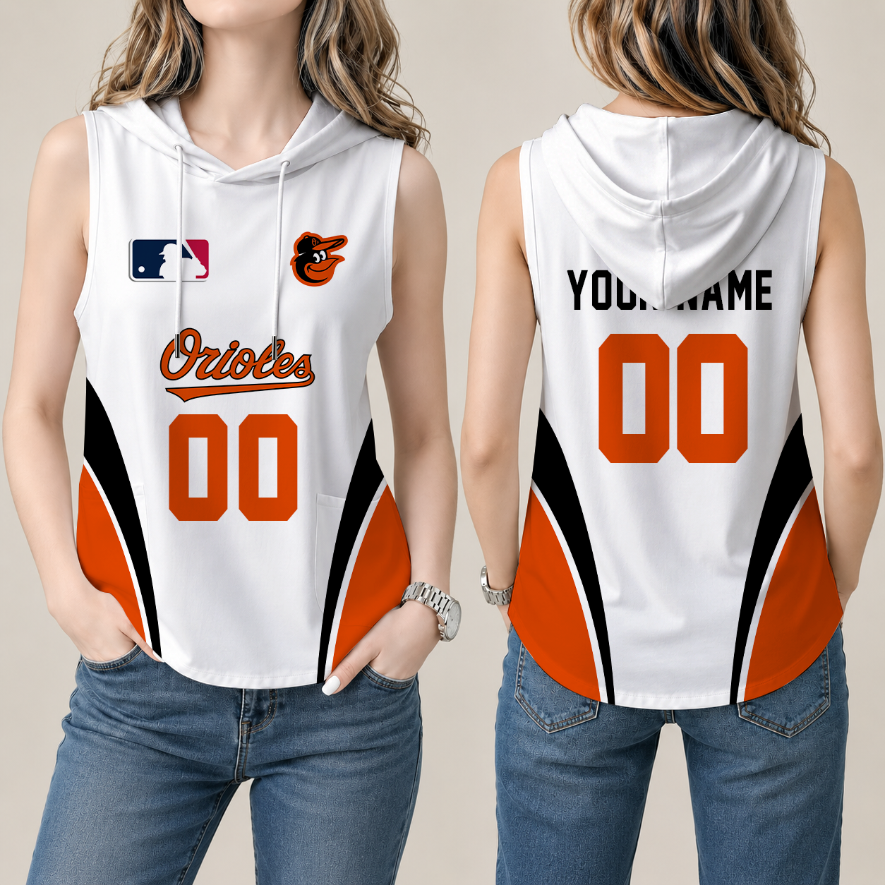 [FLASH SALE] NEW CUSTOMIZED MLB25 BOS BALTIMORE ORIOLES WOMEN'S SLEEVELESS HOODED POCKET TANK TOP