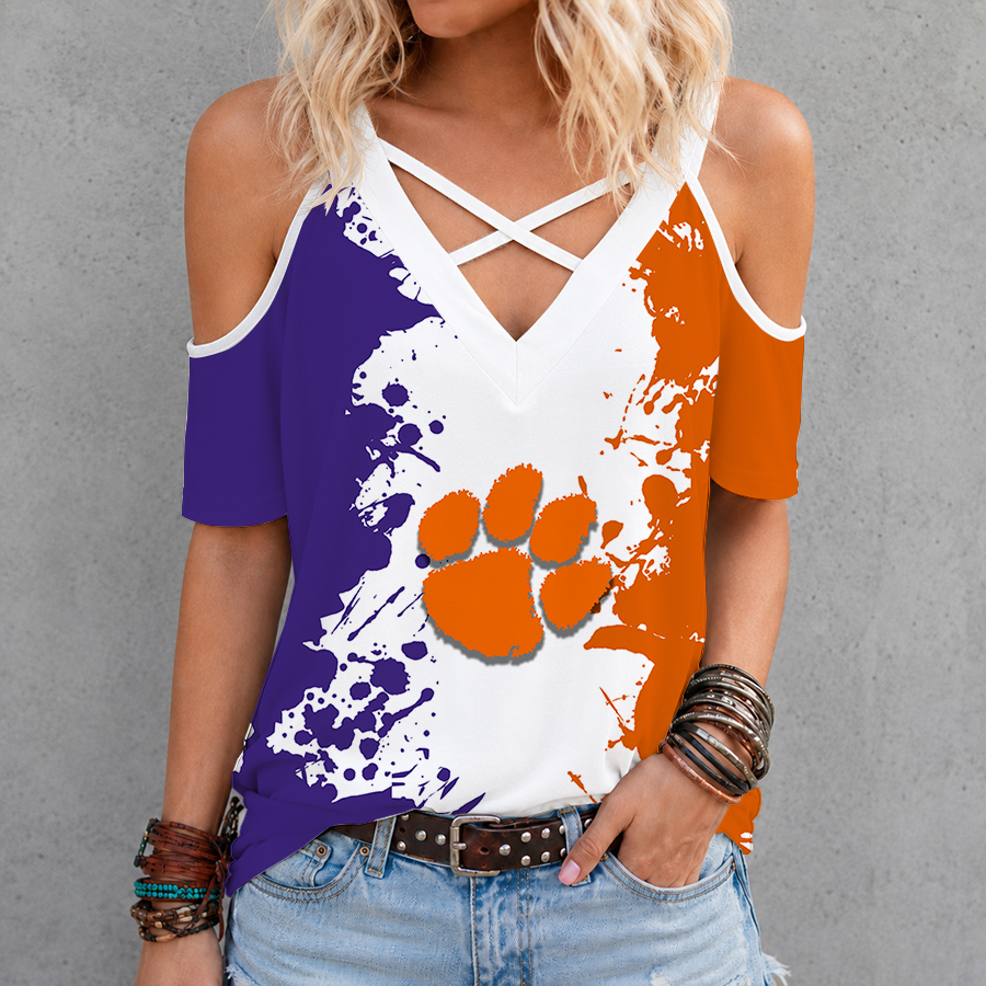 [FAN FAVORITE] NEW CUSTOMIZED NCAA CWS25 CST CLEMSON TIGERS CRISS CROSS V-NECK TOP