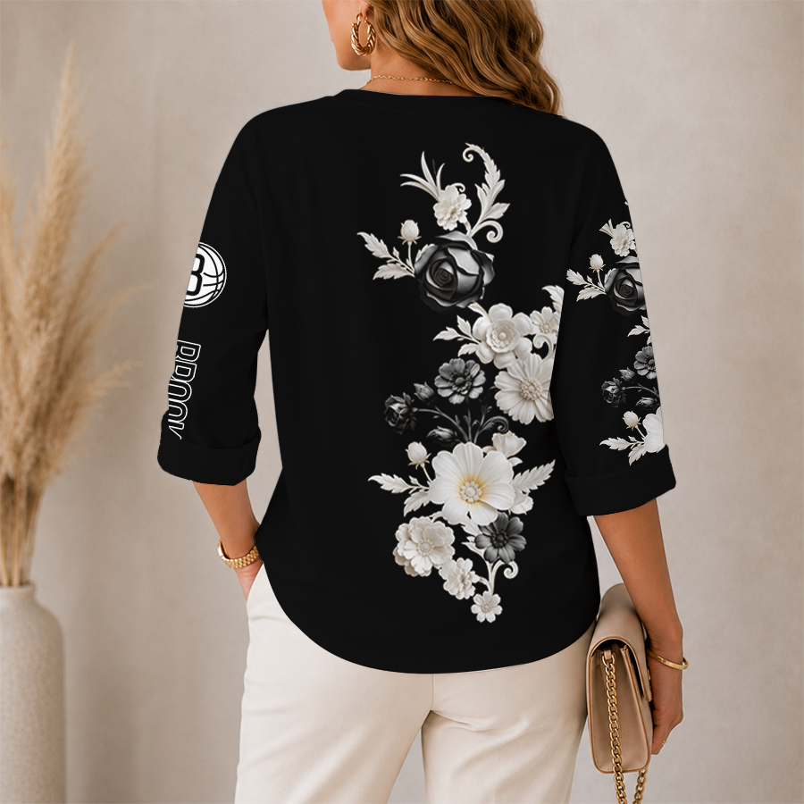 [HOT DEAL] NEW CUSTOMIZED NBA25 BNE BROOKLYN NETS WOMEN'S V-NECK LONG SLEEVE SHIRT