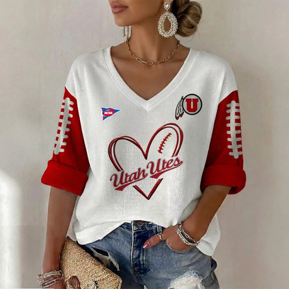 ELITE EDITION - NEW CUSTOMIZED NCAA FBS25 UTU UTAH UTES WOMEN'S HEART V-NECK LONG SLEEVE SHIRT