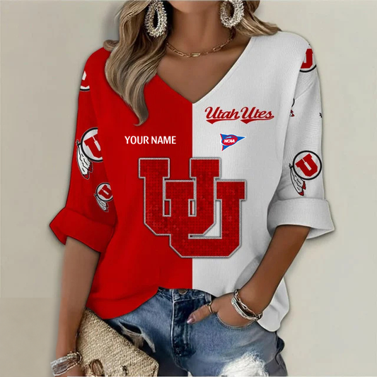 ELITE EDITION - NEW CUSTOMIZED NCAA FBS25 UTU UTAH UTES WOMEN'S HEART V-NECK LONG SLEEVE SHIRT