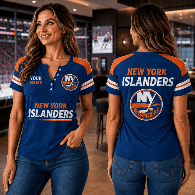 SPECIAL EDITION - NEW CUSTOMIZED NHL25 NYI NEW YORK ISLANDERS WOMEN'S SHORT SLEEVE HENLEY T-SHIRT