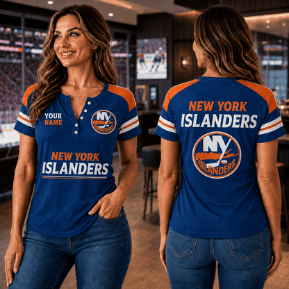 SPECIAL EDITION - NEW CUSTOMIZED NHL25 NYI NEW YORK ISLANDERS WOMEN'S SHORT SLEEVE HENLEY T-SHIRT