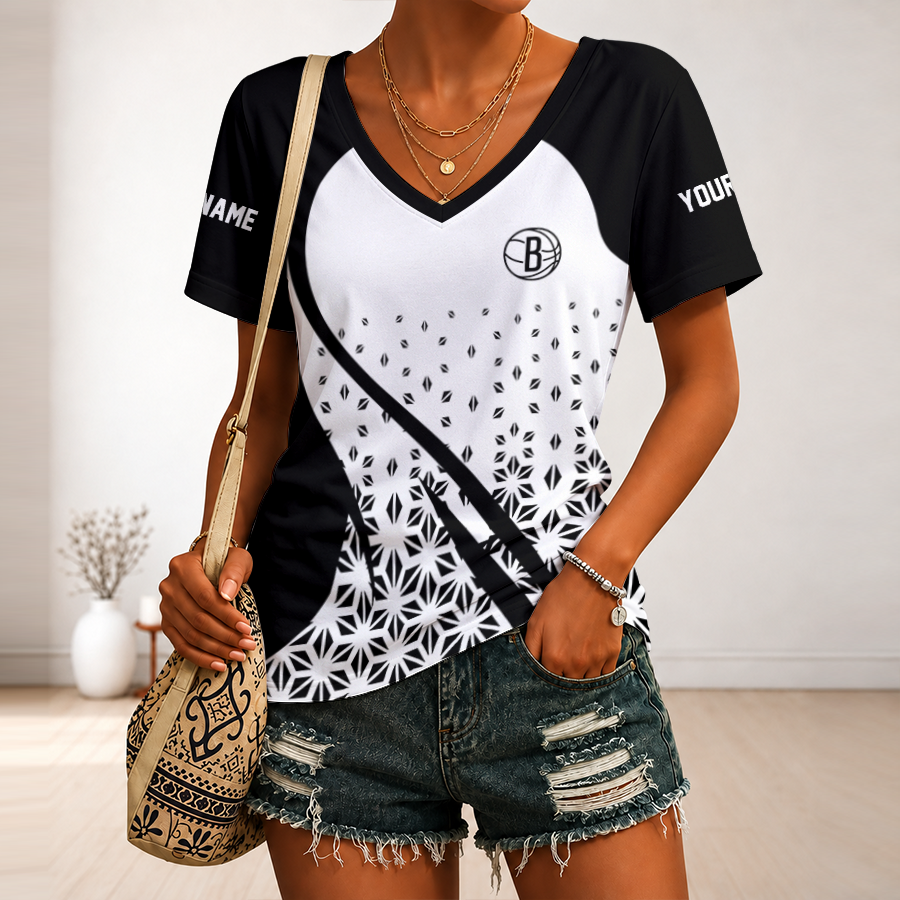 [HOT DEAL] NEW CUSTOMIZED NBA25 BNE BROOKLYN NETS V-NECK FEMALE SHIRT