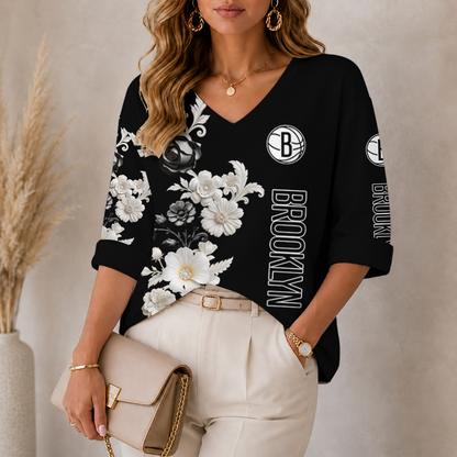 [HOT DEAL] NEW CUSTOMIZED NBA25 BNE BROOKLYN NETS WOMEN'S V-NECK LONG SLEEVE SHIRT