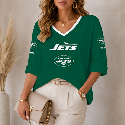 [SPECIAL OFFER] NEW CUSTOMIZED NFL25 NYJ NEW YORK JETS WOMEN'S HEART V-NECK LONG SLEEVE SHIRT