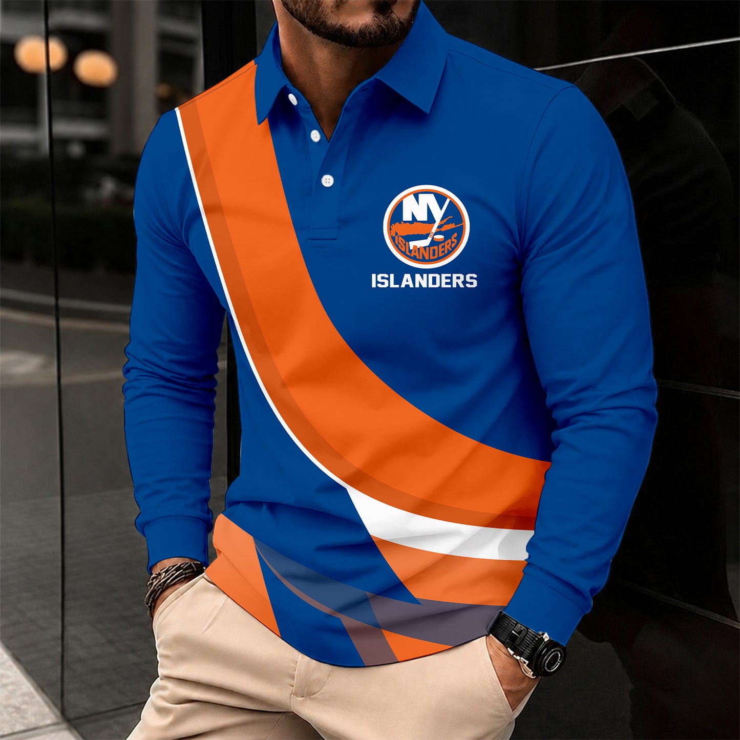 [SUPER SALE] NEW CUSTOMIZED NHL25 NYI NEW YORK ISLANDERS MEN LONG SLEEVE POLO