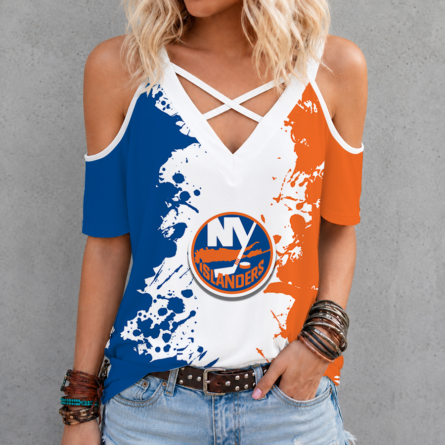 [SUPER SALE] NEW CUSTOMIZED NHL25 NYI NEW YORK ISLANDERS CRISS CROSS V-NECK TOP