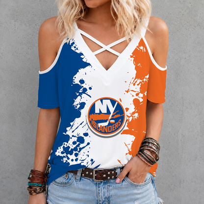 [SUPER SALE] NEW CUSTOMIZED NHL25 NYI NEW YORK ISLANDERS CRISS CROSS V-NECK TOP