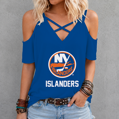 LIMITED EDITION - NEW CUSTOMIZED NHL25 NYI NEW YORK ISLANDERS CRISS CROSS V-NECK TOP