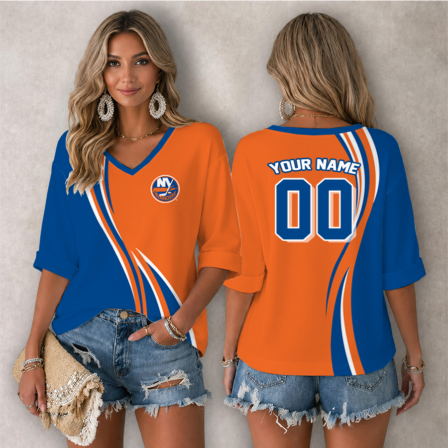 LIMITED EDITION - NEW CUSTOMIZED NHL25 NYI NEW YORK ISLANDERS WOMEN'S HEART V-NECK LONG SLEEVE SHIRT