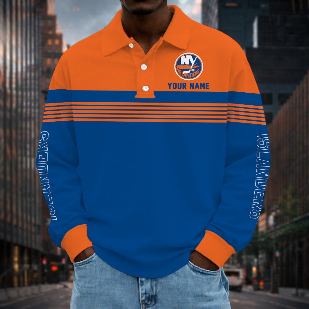 SPECIAL EDITION - NEW CUSTOMIZED NHL25 NYI NEW YORK ISLANDERS MEN LONG SLEEVE POLO