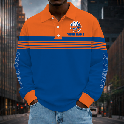 SPECIAL EDITION - NEW CUSTOMIZED NHL25 NYI NEW YORK ISLANDERS MEN LONG SLEEVE POLO