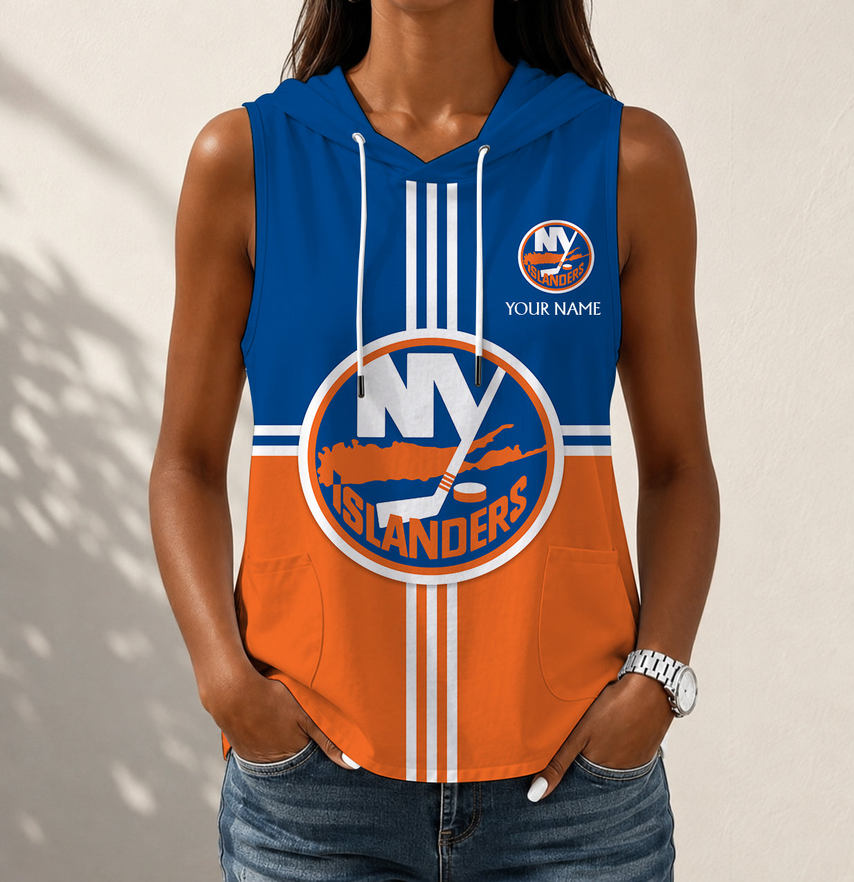 VIRAL EDITION - NEW CUSTOMIZED NHL25 NYI NEW YORK ISLANDERS WOMEN'S SLEEVELESS HOODED POCKET TANK TOP