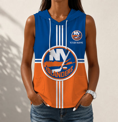 VIRAL EDITION - NEW CUSTOMIZED NHL25 NYI NEW YORK ISLANDERS WOMEN'S SLEEVELESS HOODED POCKET TANK TOP