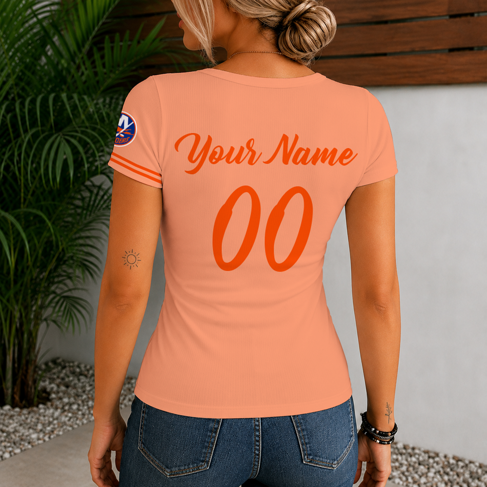 [SUPER SALE] NEW CUSTOMIZED NHL25 NYI NEW YORK ISLANDERS WOMEN'S SHORT SLEEVE HENLEY T-SHIRT