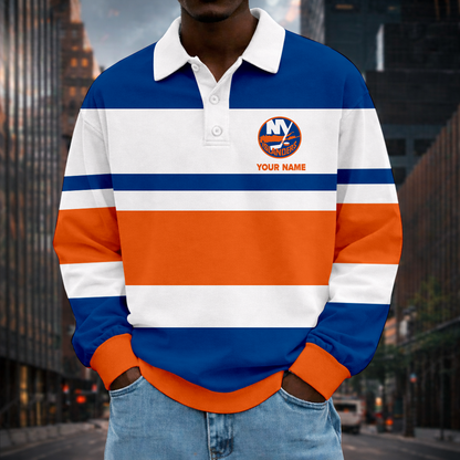 LIMITED EDITION - NEW CUSTOMIZED NHL25 NYI NEW YORK ISLANDERS MEN LONG SLEEVE POLO