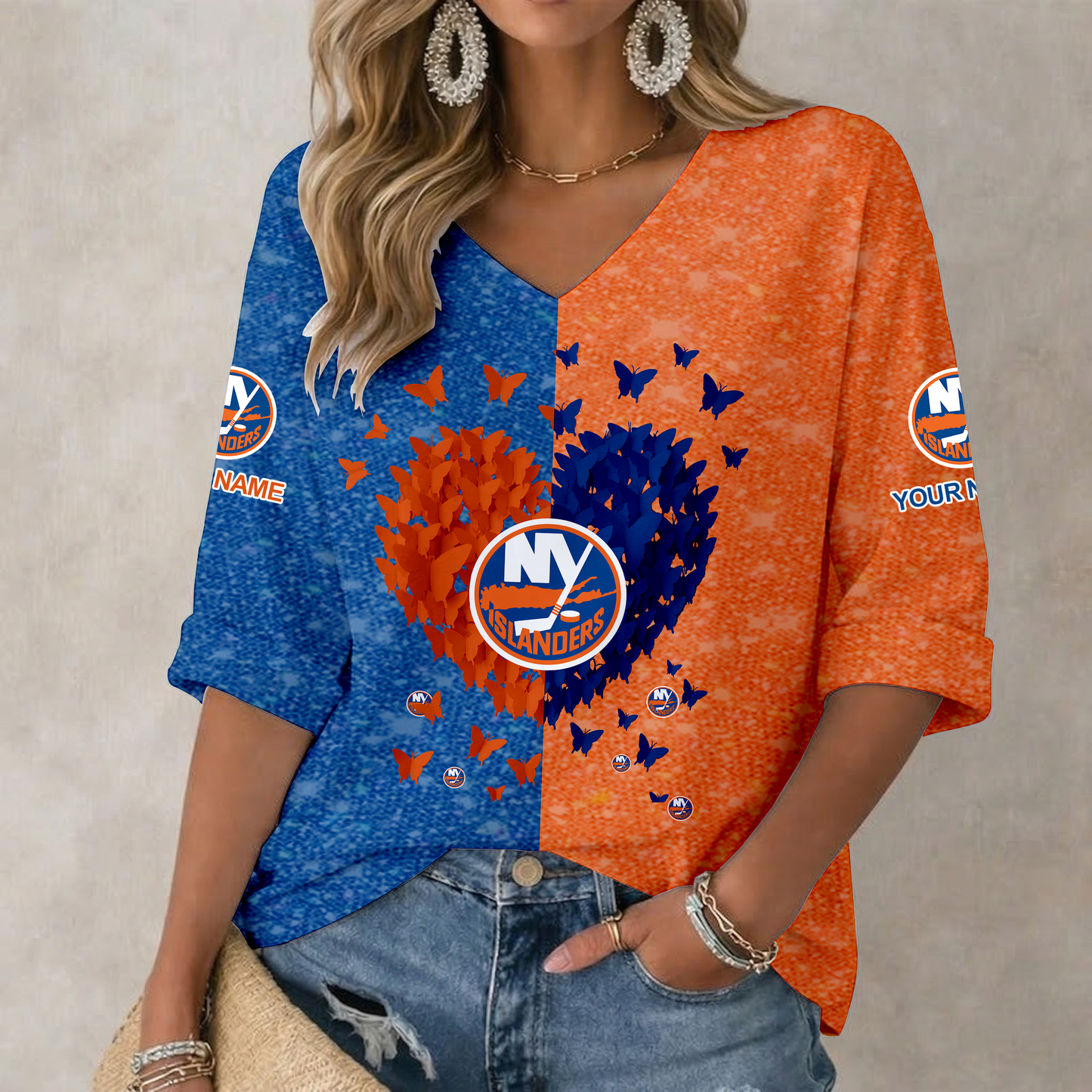 LIMITED EDITION - NEW CUSTOMIZED NHL25 NYI NEW YORK ISLANDERS WOMEN'S HEART V-NECK LONG SLEEVE SHIRT
