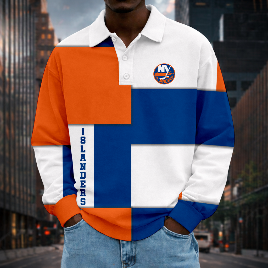 LIMITED EDITION - NEW CUSTOMIZED NHL25 NYI NEW YORK ISLANDERS MEN LONG SLEEVE POLO