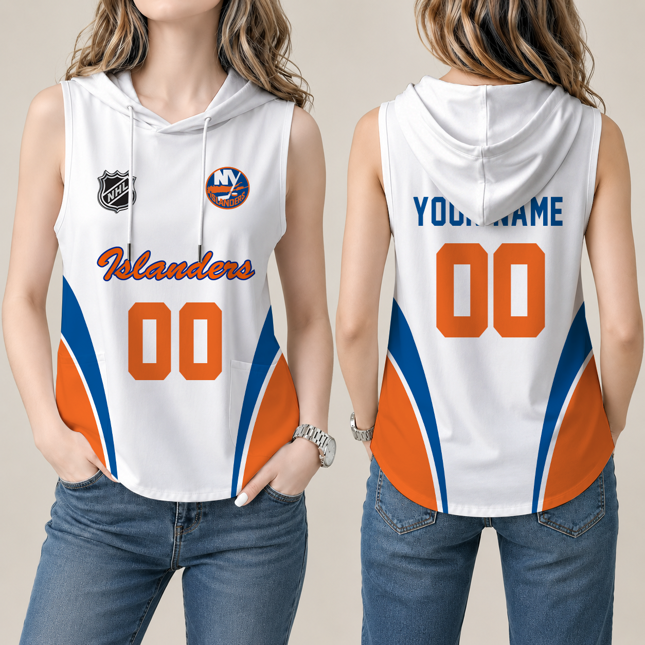[SUPER SALE] NEW CUSTOMIZED NHL25 NYI NEW YORK ISLANDERS WOMEN'S SLEEVELESS HOODED POCKET TANK TOP