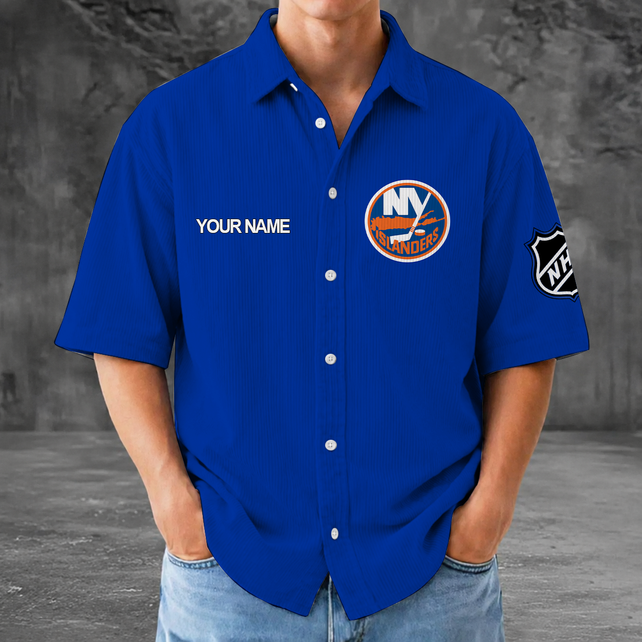 [SUPER SALE] NEW CUSTOMIZED NHL25 NYI NEW YORK ISLANDERS SEERSUCKER BUTTON SHIRT