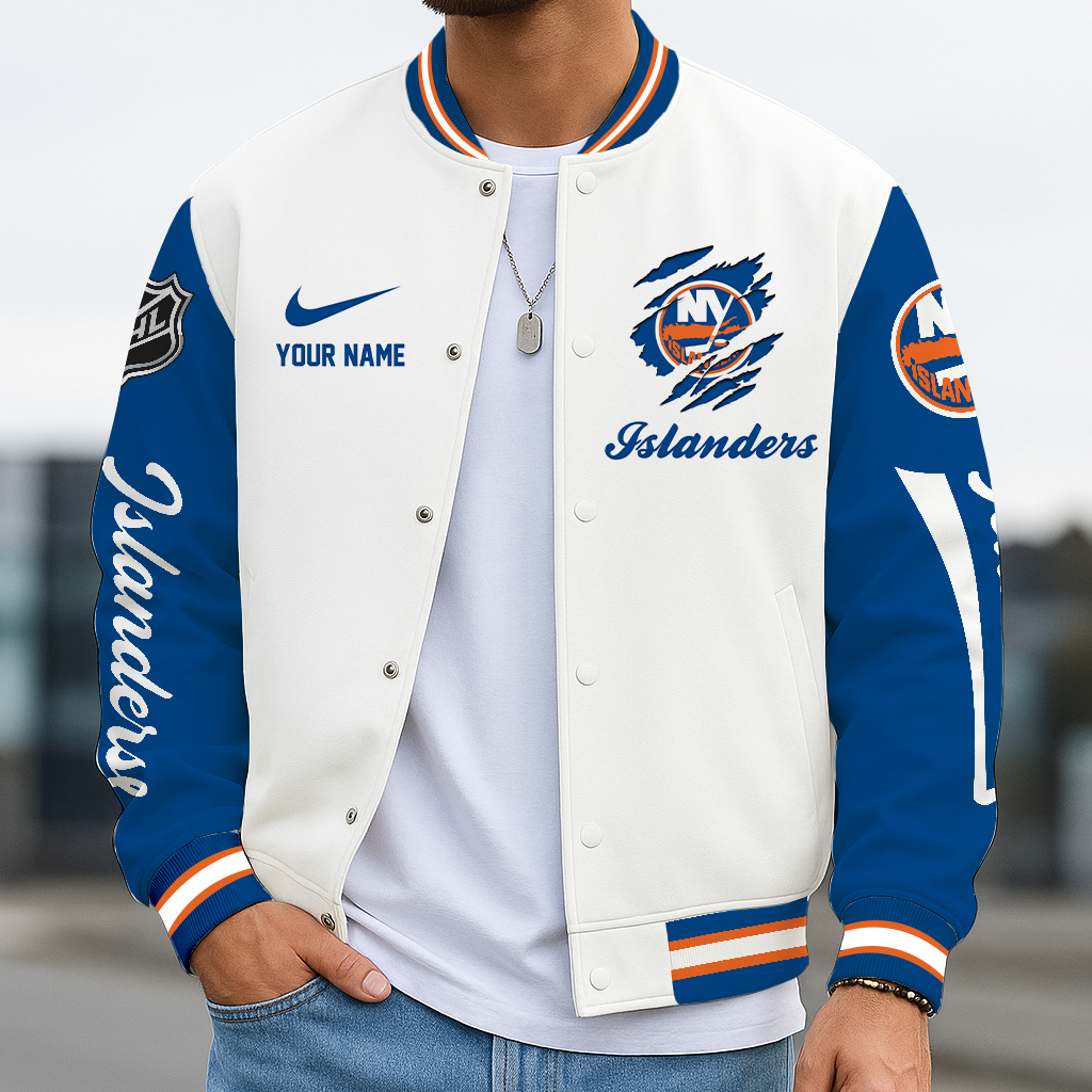 LIMITED EDITION - NEW CUSTOMIZED NHL25 NYI NEW YORK ISLANDERS BASEBALL JACKET, SATIN VARSITY JACKET