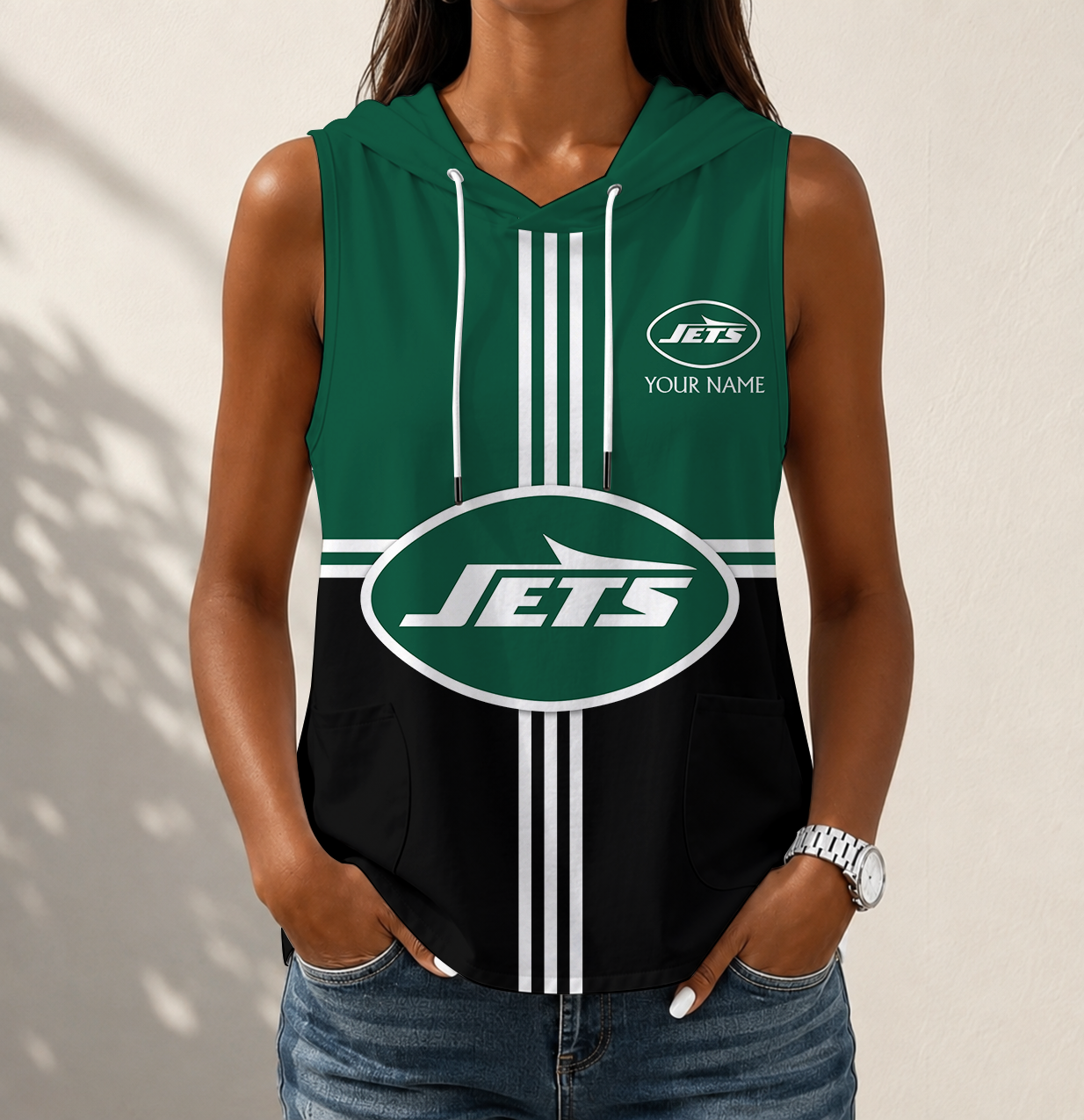 LIMITED EDITION - NEW CUSTOMIZED NFL25 NYJ NEW YORK JETS WOMEN'S SLEEVELESS HOODED POCKET TANK TOP