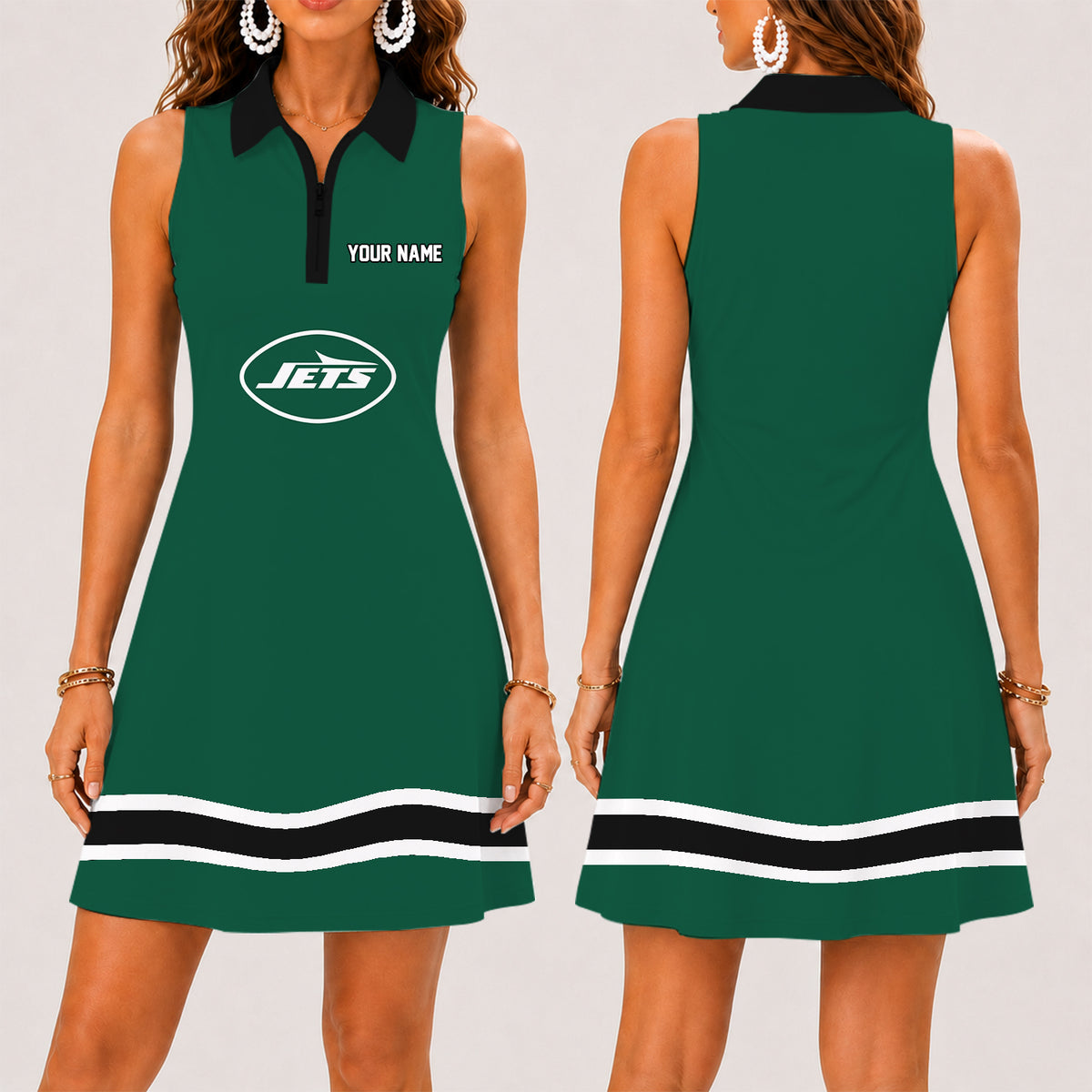 [SPECIAL OFFER] NEW CUSTOMIZED NFL25 NYJ NEW YORK JETS WOMEN'S ZIP SLEEVELESS POLO DRESS