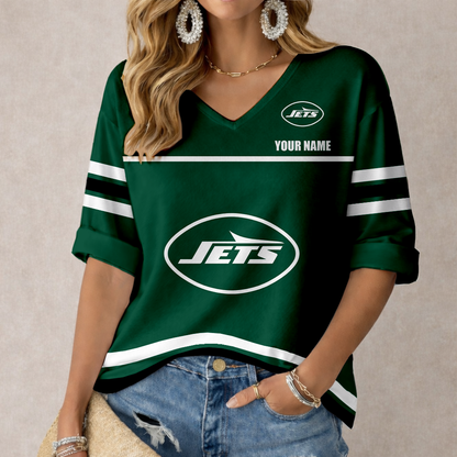 LIMITED EDITION - NEW CUSTOMIZED NFL25 NYJ NEW YORK JETS WOMEN'S V-NECK MID-SLEEVE SHIRT