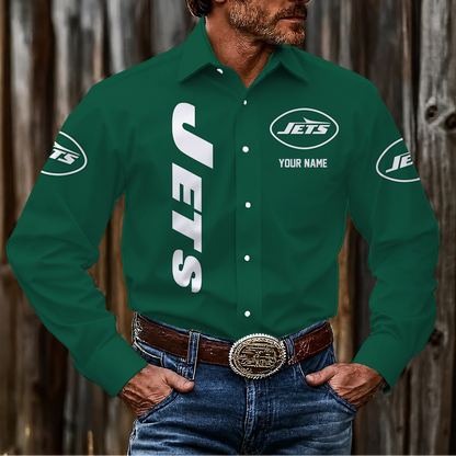 LIMITED EDITION - NEW CUSTOMIZED NFL25 NYJ NEW YORK JETS MEN'S LONG SLEEVE BUTTON-UP SHIRT