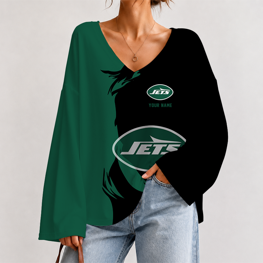 [SPECIAL OFFER] NEW CUSTOMIZED NFL25 NYJ NEW YORK JETS V NECK LONG SLEEVED CROP TOP