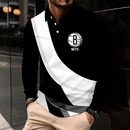 [HOT DEAL] NEW CUSTOMIZED NBA25 BNE BROOKLYN NETS MEN LONG SLEEVE POLO
