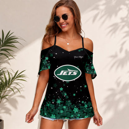 [SPECIAL OFFER] NEW CUSTOMIZED NFL25 NYJ NEW YORK JETS WOMEN'S STRAPPY OFF-SHOULDER TOP