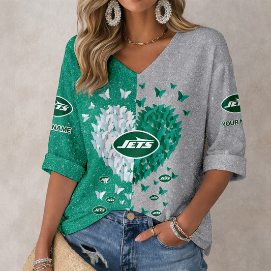 LIMITED EDITION - NEW CUSTOMIZED NFL25 NYJ NEW YORK JETS WOMEN'S HEART V-NECK LONG SLEEVE SHIRT