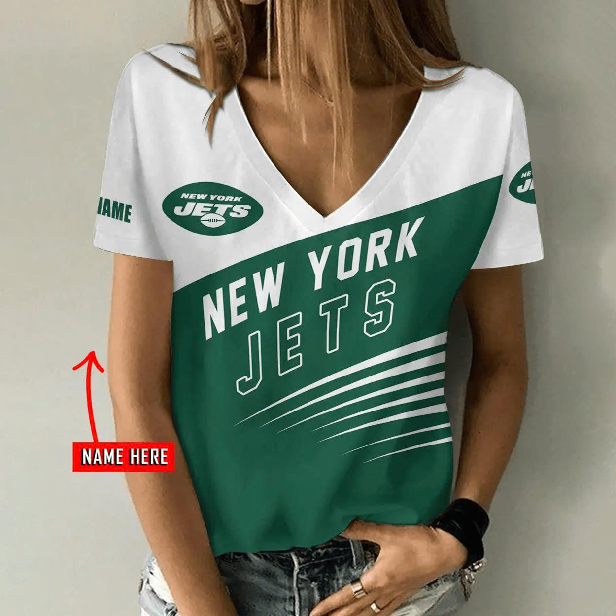 [SPECIAL OFFER] NEW CUSTOMIZED NFL25 NYJ NEW YORK JETS V-NECK FEMALE SHIRT