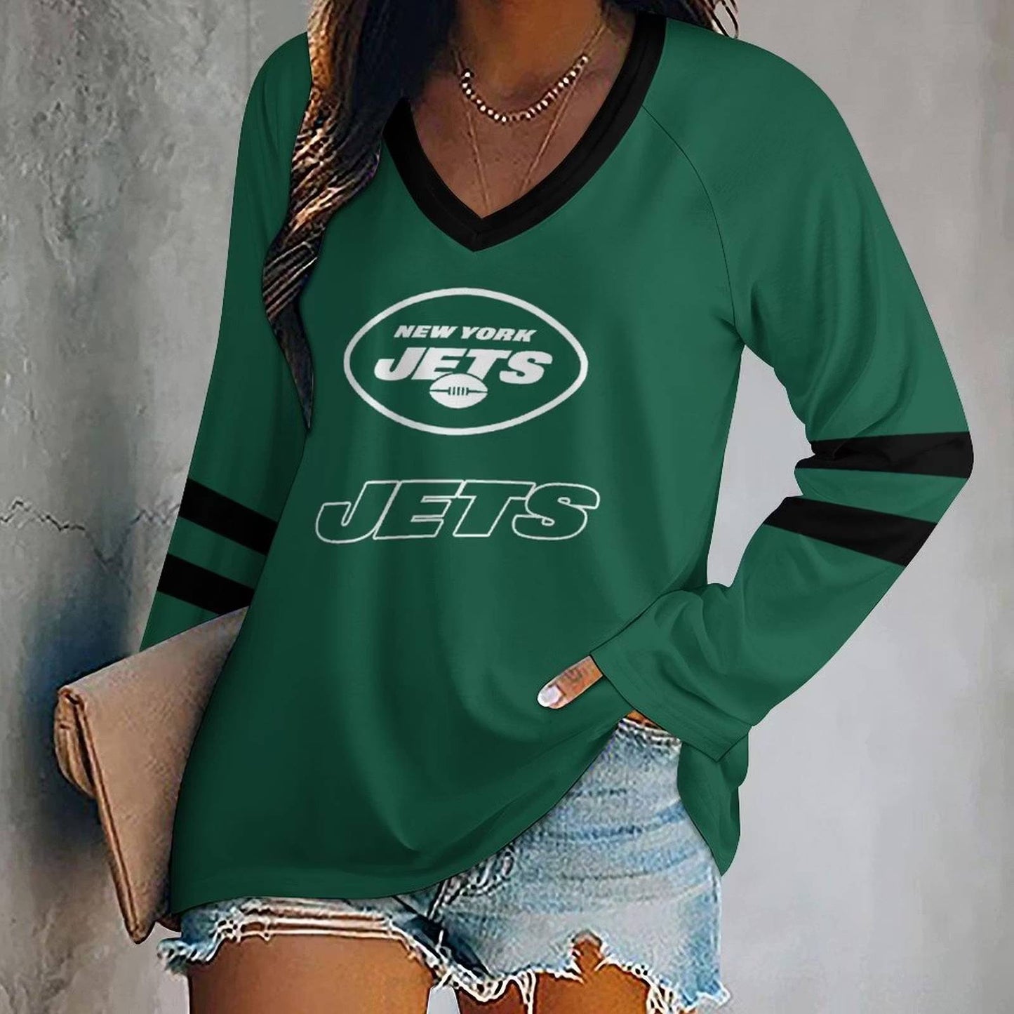 LIMITED EDITION - NEW CUSTOMIZED NFL25 NYJ NEW YORK JETS WOMEN'S V-NECK LONG SLEEVED SHIRT