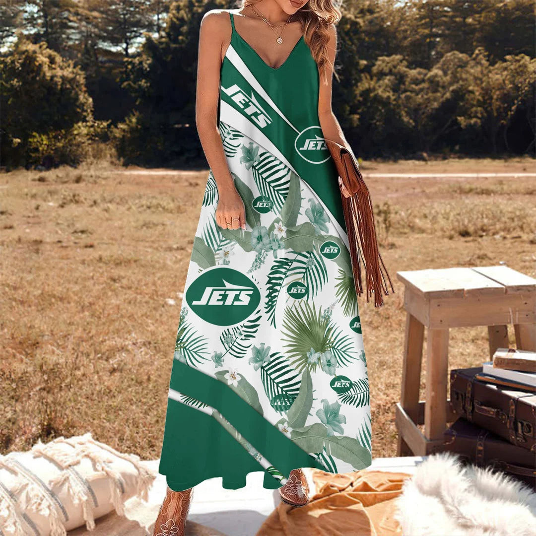 LIMITED RUN - NEW CUSTOMED NFL25 NYJ NY JETS HAWAIIAN LONG DRESS