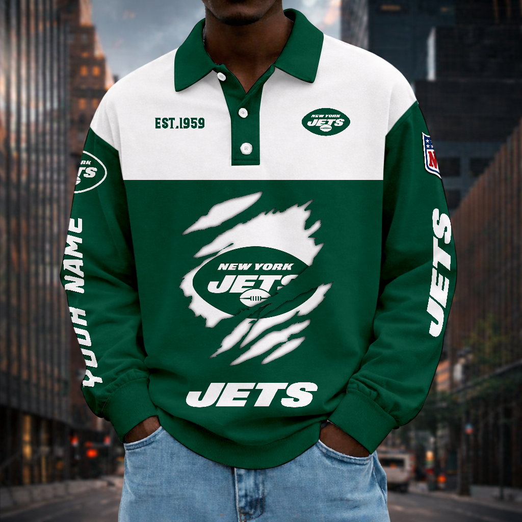 LIMITED EDITION - NEW CUSTOMIZED NFL25 NYJ NEW YORK JETS MEN LONG SLEEVE POLO