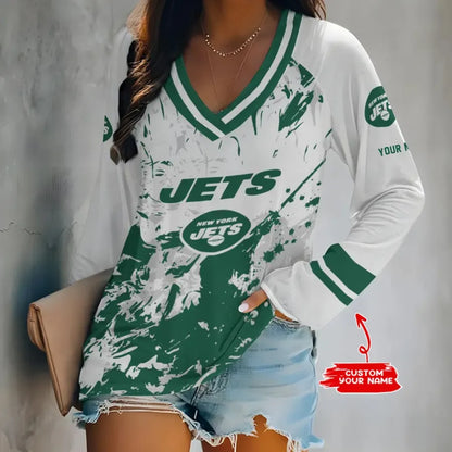 [SPECIAL OFFER] NEW CUSTOMIZED NFL25 NYJ NEW YORK JETS WOMEN'S V-NECK LONG SLEEVED SHIRT