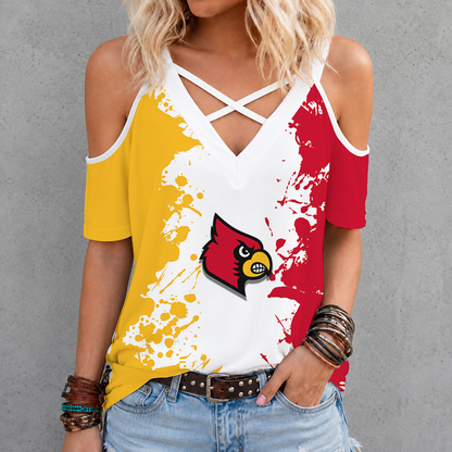 [FAN FAVORITE] NEW CUSTOMIZED NCAA MAM25 ULC LOUISVILLE CARDINALS CRISS CROSS V-NECK TOP