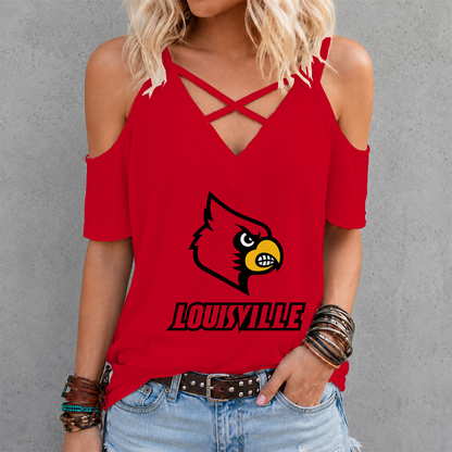 [FAN FAVORITE] NEW CUSTOMIZED NCAA MAM25 ULC LOUISVILLE CARDINALS CRISS CROSS V-NECK TOP