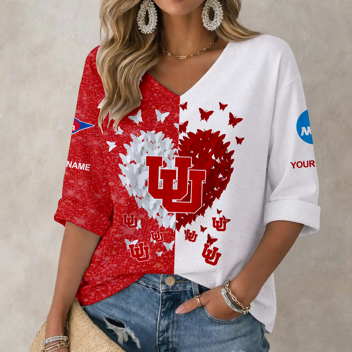 LIMITED EDITION - NEW CUSTOMIZED NCAA FBS25 UTU UTAH UTES WOMEN'S HEART V-NECK LONG SLEEVE SHIRT
