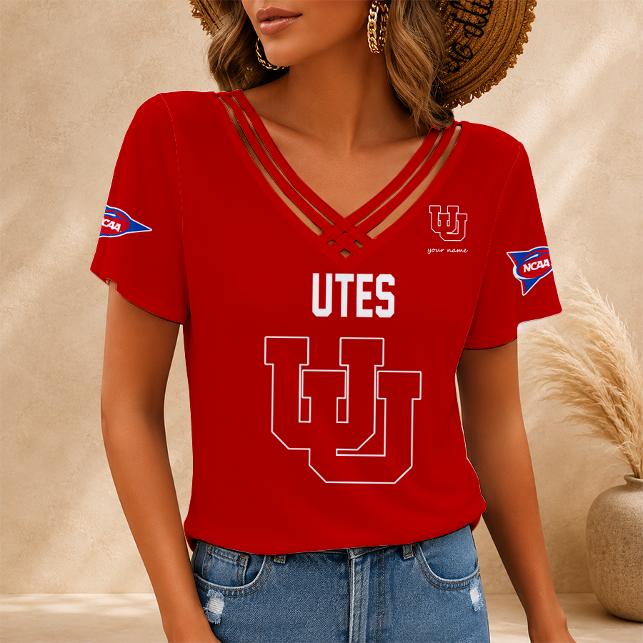 [FAN FAVORITE] NEW CUSTOMIZED NCAA FBS25 UTU UTAH UTES V-NECK SHIRT