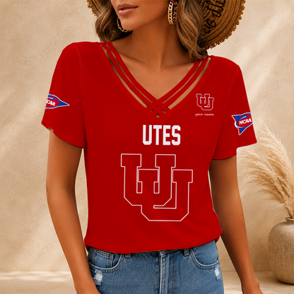 [FAN FAVORITE] NEW CUSTOMIZED NCAA FBS25 UTU UTAH UTES V-NECK SHIRT